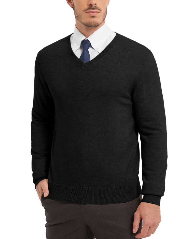 Kallspin Men's Wool Blend V-Neck Sweater Relax Fit Knit Pullover (Black, Large) - Image 1